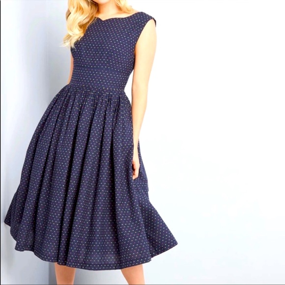 Modcloth Dresses & Skirts - MODCLOTH | pink and yellow dotted navy Fabulous Fit and Flare retro dress 24 24w